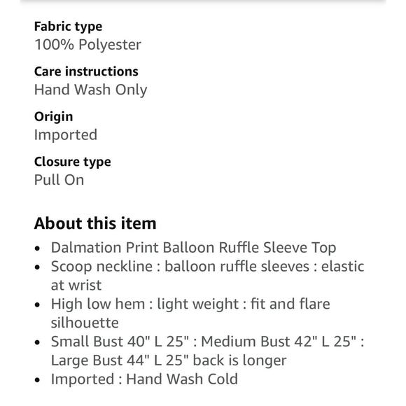 Umgee Women's Dalmation Print Balloon Ruffle SleeveTop Small - Picture 4 of 5